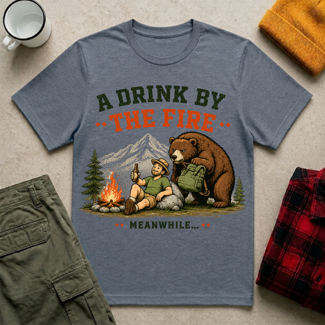 A Drink by the Fire Camping T-Shirt
