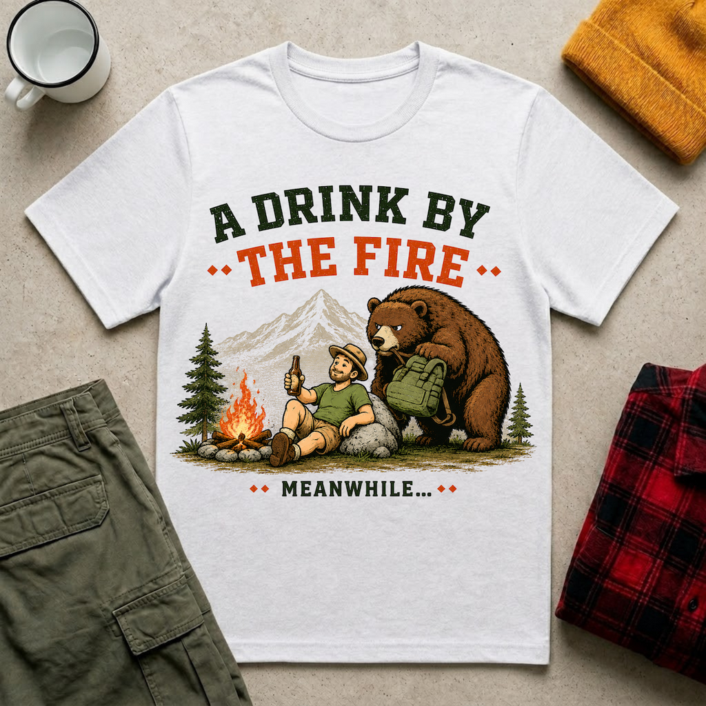A Drink by the Fire Camping T-Shirt
